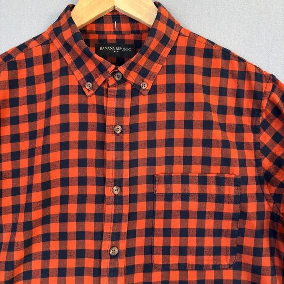 Banana Republic Untucked Fit Orange Blue Plaid Flannel Shirt Men’s Size S Cotton - Picture 4 of 7